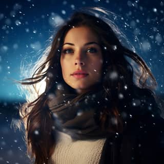 starmuse beautiful woman middle-aged woman dark brown hair bright blue eyes wintertime starry night sky