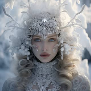 the queen of winter dress made of crystals white cap in a winter landscape deep snow award winning picture by Kirsty Mitchell
