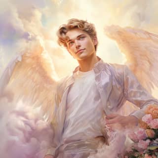 very subtle fine lines soft painterlu water colour style and renaissance style of light realistic male heavenly angel in sky