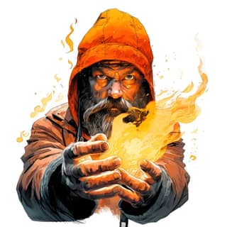 wizard with an orange knit cap with ear flaps shoots fire from hands beard in the style of Jamie Hewlett Moebius