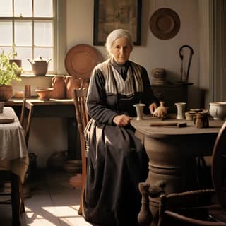 Une vieille femme juive est assise à la table dans une maison simple de campagne en Californie du 19e siècle et coupe un oignon.