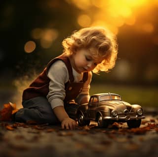 Photograph a child with shoes playing with a car toy