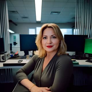 Uma mulher na casa dos 40 anos está sentada na frente de três monitores de computador em um escritório de alta tecnologia.