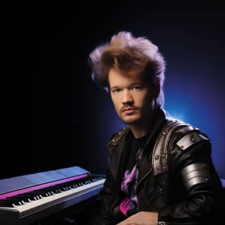 as a memeber from an 80s band, in a leather jacket sitting in front of a keyboard