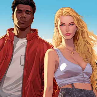 a close-up action comic-book cel-shaded a male and female teen influencer in front of a San Francisco cityscape standing in