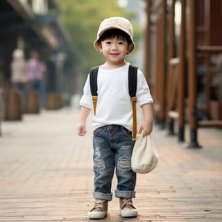 cute classic jeans for toddlers, a little boy in a hat and jeans standing on a sidewalk