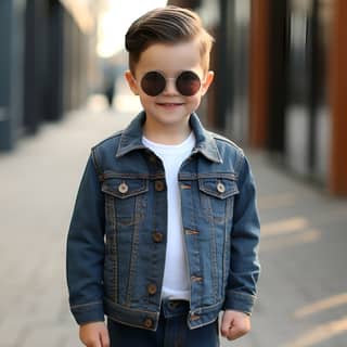 cute jeans jacket for kids, a little boy wearing sunglasses and a denim jacket