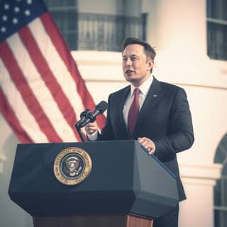 Elon Musk sebagai presiden Amerika Serikat memberikan pidato di depan Gedung Putih.