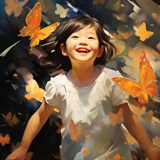 extreme happy japanese child playing and jumping among butterflies of light smiling Sorolla John Singer Sargent Hedo warm