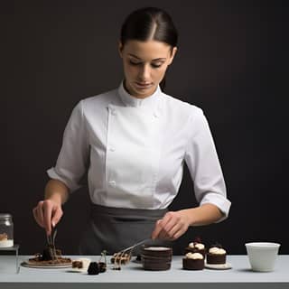 Una chef donna sta preparando un dessert nello stile degli antipodi della Scuola di Helsinki.