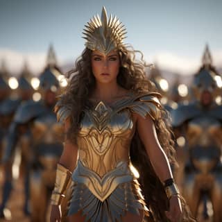 in gold armor standing in front of a group of people
