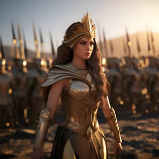 in a golden costume standing in front of a group of soldiers