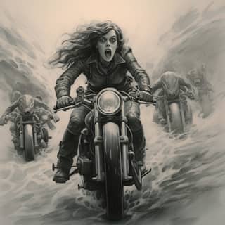 motorcycle pencil illustration eldritch horror, a drawing of on a motorcycle in the water