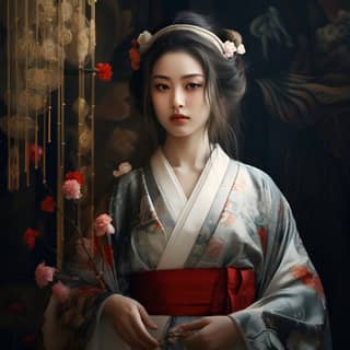 Une belle et mystérieuse femme dans un kimono japonais tenant une fleur.