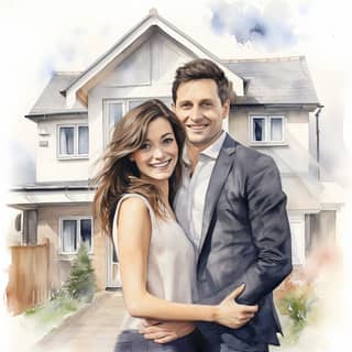 a realistic watercolour illustration of black haired happy couple stood in front of an English new-build modern house no