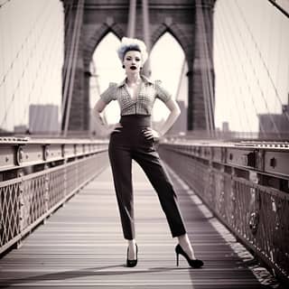 Une femme en tailleur et talons hauts pose sur le pont de Brooklyn.