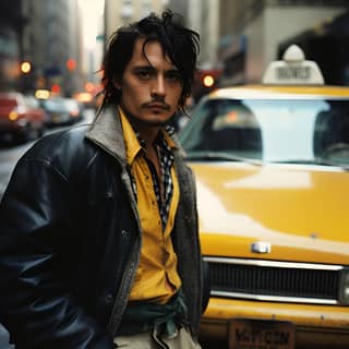 A taxi driver next to his taxi in New York The taxi driver is Johnny Depp young Shoot with a canon R5