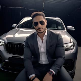 wearing a suit stands in front of a bmw Suv in the style of intense chiaroscuro portraits luxurious interiors polished