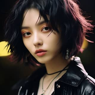 a 22 years old Japanese girl short hair clear eyes full lips hairpunk haircore smile walking cute innocent detailed eyes