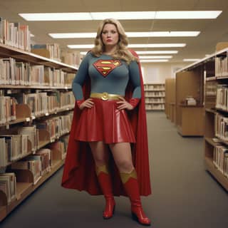 Mujer de 40 años, gorda, vistiendo el disfraz de Supergirl (versión de 1984) con falda roja y botas en la biblioteca.