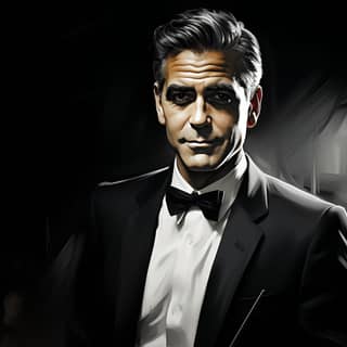 George Clooney, l'uomo in smoking, catturato con linee audaci ed espressive nello stile di Al Hirschfeld.