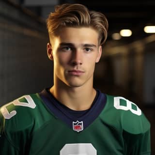 Um homem bonito na casa dos vinte anos veste uma camisola verde de futebol americano com olhos castanhos e cabelo loiro escuro penteado para trás.