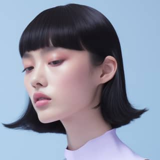 Potongan rambut bob hitam dan mata merah muda, dengan latar belakang biru langit yang sederhana. Gadis itu melayang dengan penuh impian dan bersinar dengan lembut.