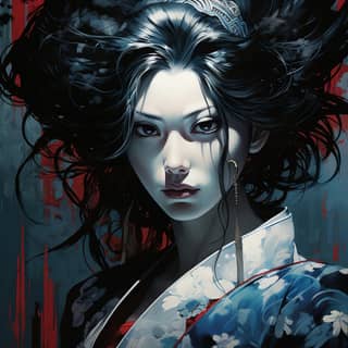 Close up of androgen Oiran in light blue kimono and geisha hair with black eyes Neo-japonese manga bold color palette