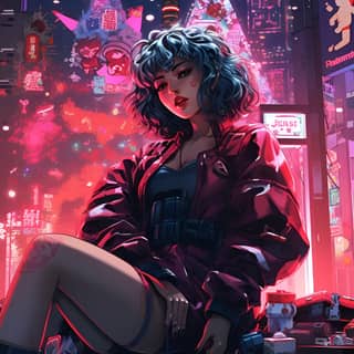 Cyberpunk Vaporwave christmas Japanese, sitting on a bench in front of neon lights