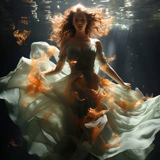 Fusion of fashion and surreal photography - a model floats wearing a flowing gown that under water shotting in the style of