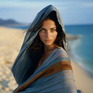 Une femme cachemirienne aux yeux bleus clairs sur une plage en Grèce, enveloppée dans une couverture bleue.