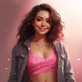 She's a chicklit female novel character She smiles broadly She's brunette She's short and fat She's wearing jean shorts a