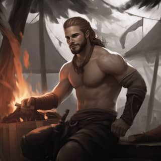 This is Runar Askirsson I want him in a heroic fantasy style sitting next to a campfire with some people sitting around