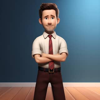 as a pixar cartoon character, a cartoon man in a tie standing in an empty room