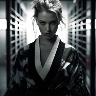 cinematic woman looks like Scarlett Johansson wears a kimono and trains in the gym