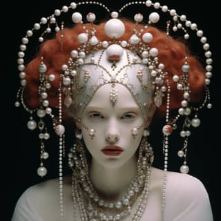 Seorang gadis mengenakan wig merah dan mutiara dengan kepala penuh mutiara dalam gaya barok yang whimsical.