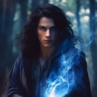 a handsome 20 year old sorcerer with long dark hair wearing a blue robe full body intense blue eyes conjuring blue fire in