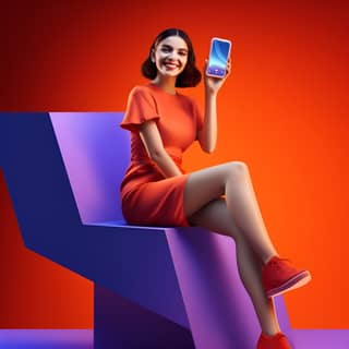 latin girl confident smile, in a red dress sitting on a chair with a smartphone