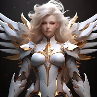 mercy from overwatch 2 gundam valkyrie crown of stars above head show of power hi res anatomicaly correct full body game sci