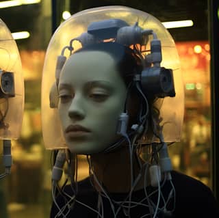 nan goldin photography depicting cyborg lovers, two female heads with headphones on display in a window