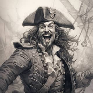 pirate smiling pencil illustration eldritch horror, a pirate is laughing in a black and white photo