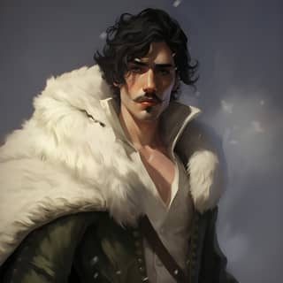 a slim halfling in white bear fur cape winter short black hair halfling new year costume mustache full body fantasy art