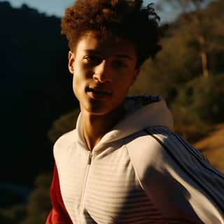 smiling model is running through woodlands wearing a plain white t-shirt dappled sunlight 1990s analogue photography wide