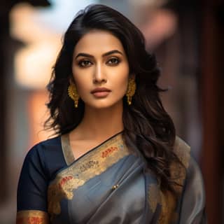 Mulher em um sári azul em Tamil Nadu, mostrando o sári de seda de Kanchipuram com bordados em cores dravidianas e tecidos luxuosos.