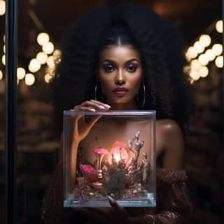 امرأة سوداء ذات شعر أفرو كبير تحمل صندوقاً يحتوي على شمعة مضاءة.