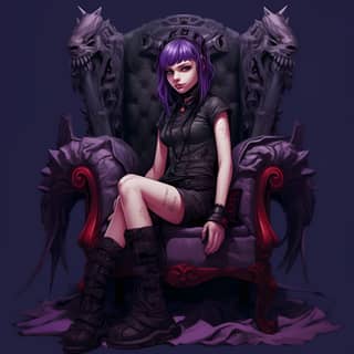 thin demonical girl with purple skin and big red eyes is dressed in short dress and combat boots is resting and sitting on a