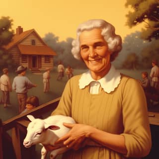 woman holding lamb, an old woman holding a lamb in front of a barn