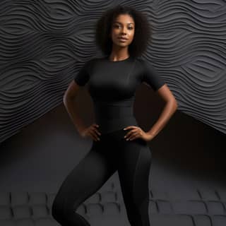 Femme afro-américaine en tenue de sport noire posant dans un style solide et structuré.