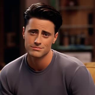 Le personnage de 26 ans, Joey Tribbiani, dans le sitcom Friends porte une chemise bleue tout en étant assis sur un canapé en 1994.