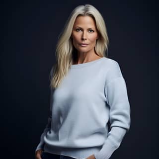 40-year-old Nordic female model fashion magazing cover shooting wearing light color cashmere sweater and blue jeans shot by